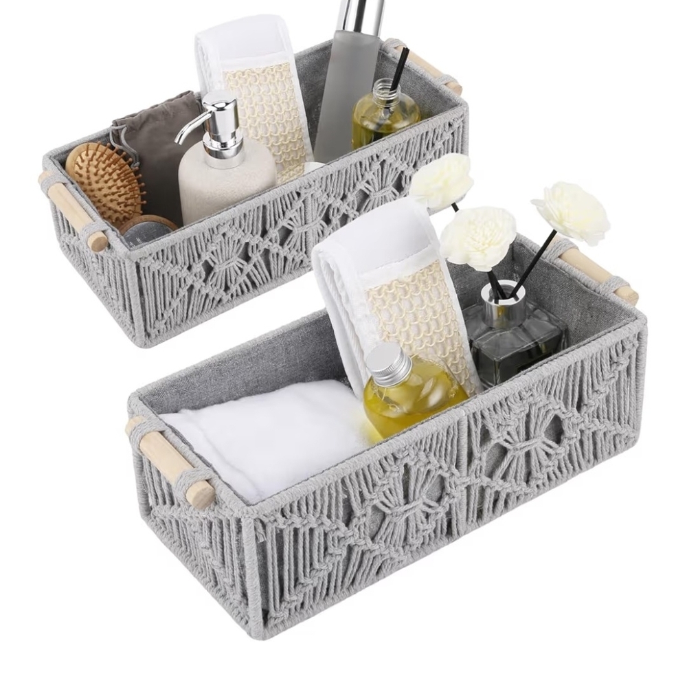 Gray Macrame Bathroom Storage Baskets